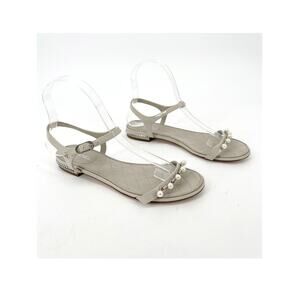 Chanel 37C Gray Quilted Leather Faux Pearl CC Logo Ankle Strap Flat Sandals